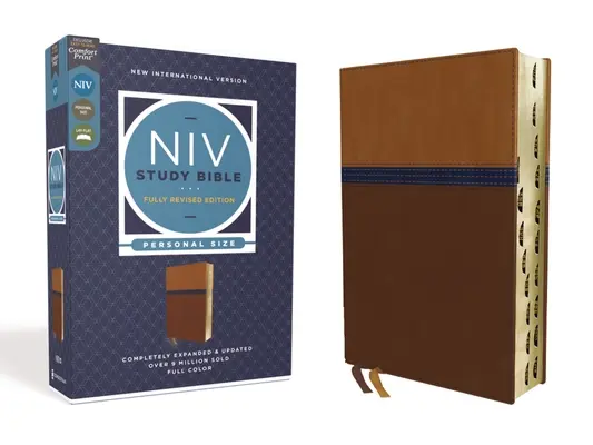 Biblia de studiu NIV, ediție revizuită integral, format personal, piele moale, maro/albastru, litere roșii, indexat cu degetul mare, imprimare confortabilă - NIV Study Bible, Fully Revised Edition, Personal Size, Leathersoft, Brown/Blue, Red Letter, Thumb Indexed, Comfort Print