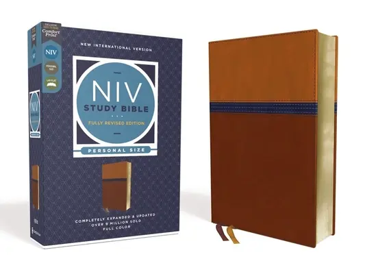 Biblia de studiu NIV, ediție revizuită integral, format personal, Leathersoft, maro/albastru, litere roșii, Comfort Print - NIV Study Bible, Fully Revised Edition, Personal Size, Leathersoft, Brown/Blue, Red Letter, Comfort Print