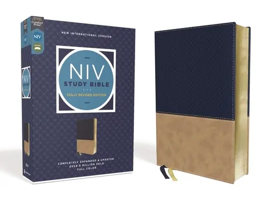 Biblia de studiu NIV, Ediție revizuită integral, Leathersoft, Navy/Tan, Red Letter, Comfort Print - NIV Study Bible, Fully Revised Edition, Leathersoft, Navy/Tan, Red Letter, Comfort Print