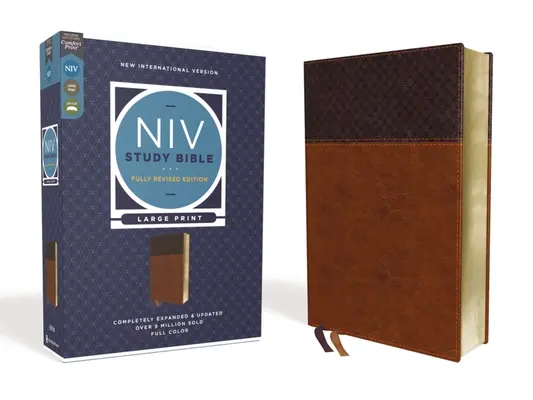 Biblia de studiu NIV, Ediție revizuită integral, Tipar mare, Leathersoft, maro, litere roșii, Comfort Print - NIV Study Bible, Fully Revised Edition, Large Print, Leathersoft, Brown, Red Letter, Comfort Print