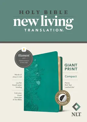 NLT Compact Giant Print Bible, Filament Enabled Edition (litere roșii, piele, Peony Rich Teal, indexată) - NLT Compact Giant Print Bible, Filament Enabled Edition (Red Letter, Leatherlike, Peony Rich Teal, Indexed)