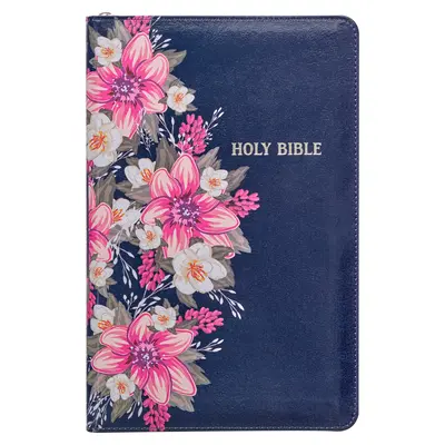 Sfânta Biblie KJV ediție cu litere roșii din piele naturală de mărime standard - index pentru degetul mare și marker cu panglică, versiunea King James, albastru floral, închidere cu fermoar - KJV Holy Bible Standard Size Faux Leather Red Letter Edition - Thumb Index & Ribbon Marker, King James Version, Blue Floral, Zipper Closure