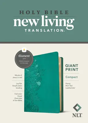 NLT Compact Giant Print Bible, Filament Enabled Edition (Literă roșie, piele, Peony Rich Teal) - NLT Compact Giant Print Bible, Filament Enabled Edition (Red Letter, Leatherlike, Peony Rich Teal)