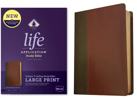 Biblia de studiu NKJV Life Application, ediția a treia, tipar mare (litere roșii, aspect piele, maro/caoan) - NKJV Life Application Study Bible, Third Edition, Large Print (Red Letter, Leatherlike, Brown/Mahogany)