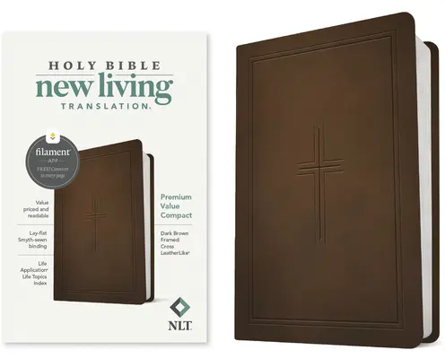 NLT Premium Value Compact Bible, Filament-Enabled Edition (piele naturală, maro închis, cruce încadrată) - NLT Premium Value Compact Bible, Filament-Enabled Edition (Leatherlike, Dark Brown Framed Cross)