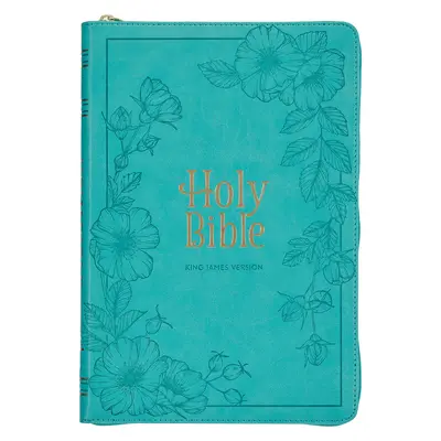 Sfânta Biblie KJV, Ediție Thinline cu litere roșii din piele naturală cu tipar mare - Index pentru degetul mare și marker cu panglică, versiunea King James, Teal, închidere cu fermoar - KJV Holy Bible, Thinline Large Print Faux Leather Red Letter Edition - Thumb Index & Ribbon Marker, King James Version, Teal, Zipper Closure