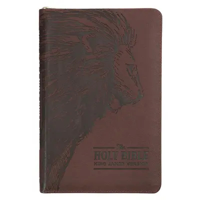 Sfânta Biblie KJV, ediție standard cu litere roșii din piele naturală - Index pentru degetul mare și marker cu panglică, versiunea King James, închidere cu fermoar cu leu maro - KJV Holy Bible, Standard Size Faux Leather Red Letter Edition - Thumb Index & Ribbon Marker, King James Version, Brown Lion Zipper Closure