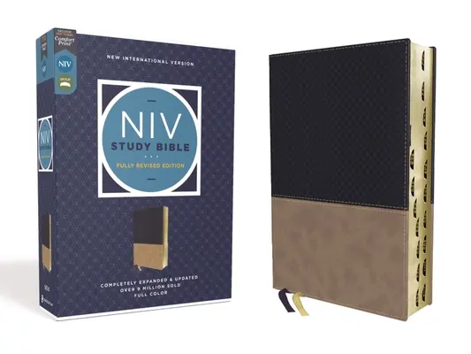 Biblia de studiu NIV, ediție complet revizuită, Leathersoft, Navy/Tan, litere roșii, indexată cu degetul mare, tipărit confortabil - NIV Study Bible, Fully Revised Edition, Leathersoft, Navy/Tan, Red Letter, Thumb Indexed, Comfort Print
