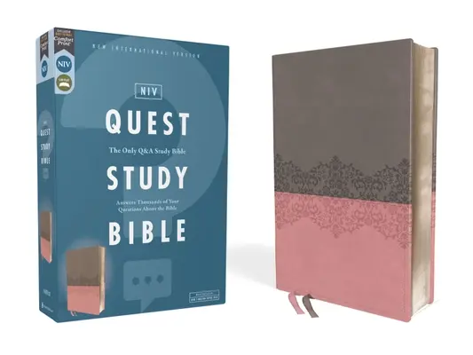 Niv, Biblia de studiu Quest, Leathersoft, gri/roz, Comfort Print: Singura Biblie de studiu cu întrebări și răspunsuri - Niv, Quest Study Bible, Leathersoft, Gray/Pink, Comfort Print: The Only Q and A Study Bible